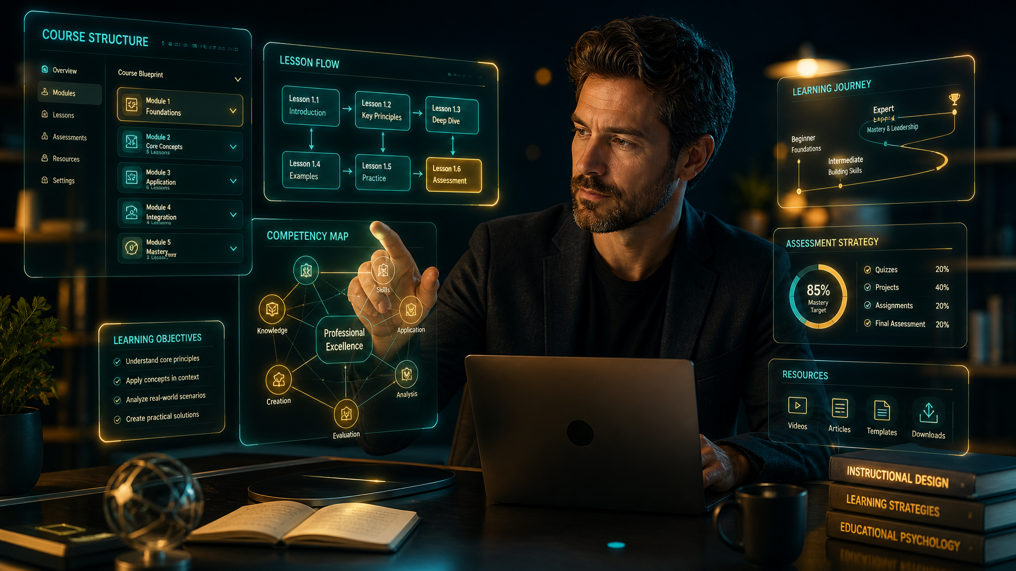 A course creator designing an AI-powered training course with holographic module and competency panels